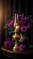 Vintage brass oil lamp glowing warmly beside elegant purple roses and chrysanthemums on wooden table creating romantic atmospheric lighting for home decor.