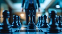 Chess queen piece standing prominently on board with pawns in background, dramatic lighting creating strategic atmosphere for business concept.