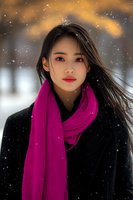 Young Asian woman wearing black coat and vibrant pink scarf in winter setting with falling snow, wind-swept hair against blurred golden bokeh background.