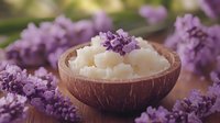 Coconut shell bowl with natural body scrub surrounded by fresh lavender flowers, creating a spa-like atmosphere for skincare and wellness.