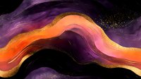 Vibrant abstract fluid art with flowing waves in purple, orange and pink tones decorated with gold glitter particles on black background creates luxury design.