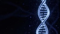 Glowing DNA double helix structure floating in dark space with stars, representing genetic research, biotechnology and molecular science concepts.