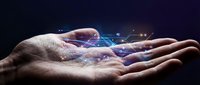 Digital technology flowing from open palm with glowing light particles and data streams, representing innovation, connectivity, and future tech solutions for business and communication.