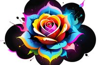 Vibrant multicolored rose bloom with rainbow gradient petals on black background, perfect for tattoo design, greeting cards and creative projects. Artistic floral illustration combines neon colors.