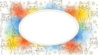 Colorful watercolor cats frame with blank oval space for text, featuring hand-drawn feline illustrations with rainbow gradient effects and stars decoration.