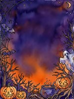 Spooky night scene with jack-o-lanterns, cauldron, ghost, bare branches, spider web, moons and stars on purple-orange watercolor background for Halloween designs.