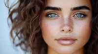 Close-up portrait of young woman with curly brown hair, blue eyes, freckles and natural makeup against light background.