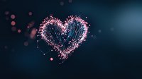 Glowing pink heart shape formed by luminous particles and connecting lines against dark background creates magical romantic atmosphere.