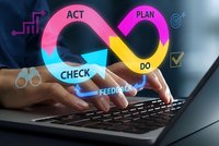 Business professional typing on laptop with colorful PDCA cycle overlay showing plan do check act continuous improvement process for quality management.