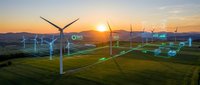 Wind turbines generating renewable energy at sunset with digital network connections overlaying green agricultural landscape for sustainable technology concepts.
