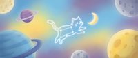 Cute white cat constellation floating in colorful space with planets, moon and stars creating magical cosmic scene for children's designs.