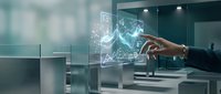 Businessman touching holographic stock market chart with upward trend graph in modern office environment for financial analysis and investment strategy.