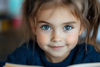 Close up portrait of young Caucasian girl with bright blue eyes and gentle smile wearing navy sweater, soft bokeh background creates dreamy atmosphere.
