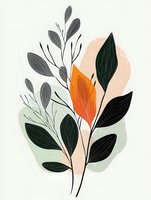 Minimalist botanical illustration featuring delicate branches with gray and black leaves, highlighted by a striking orange leaf against soft pastel circles background.