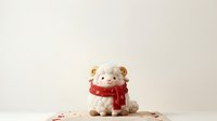 Stuffed teddy bear with cream and tan fur wearing red scarf, sitting on neutral background for holiday, nursery, and children's product design.