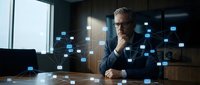 Mature male professional in business attire contemplating digital network connections and data flow visualization on desk in modern office environment for technology solutions.