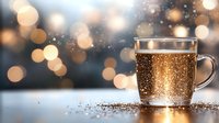 Golden champagne in glass cup with sparkling bokeh background, festive celebration atmosphere with bubbles and glitter on reflective surface.