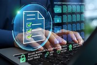 Digital document management system with holographic interface showing compliance checklist and secure workflow automation for business productivity.