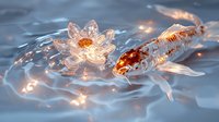 Glowing koi fish swimming near crystal lotus flower in rippling water with magical light effects and sparkles creating ethereal pond atmosphere.