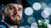 Young bearded Caucasian male graduate in cap and gown holding diploma with bokeh lights background celebrating academic achievement and success.