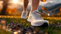 Running shoes on grass at golden sunset with bokeh effect and autumn leaves, close-up view showing athletic footwear details in warm evening light.