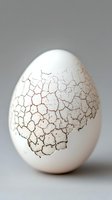 White egg with natural cracking pattern on shell surface against neutral gray background, showing intricate network of fine lines and textures in macro photography.