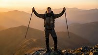Triumphant male hiker with trekking poles celebrates reaching mountain summit at golden sunrise, arms raised in victory pose against layered peaks backdrop.