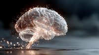 Glowing human brain with neural network connections and light particles floating above surface representing artificial intelligence and cognitive science.