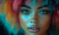 Close up portrait of young African American woman with glowing turquoise eyes and natural curly hair in vibrant neon lighting against dark background with colorful smoke effects.