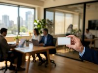 Businessman holding blank business card in modern office with colleagues meeting in background, networking and corporate communication concept.