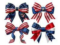 Patriotic ribbon bows with stars and stripes in red, white, and blue. Isolated design elements suitable for Fourth of July decorations, greeting cards, and festive graphics.