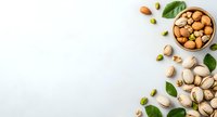 Mixed nuts and pistachios scattered on white background with fresh green leaves, copy space for text. Healthy protein snack food concept.
