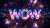 Glowing neon WOW text with electric blue and pink lighting effects against starry cosmic background with bokeh lights and particle effects.