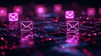 Glowing pink email icons floating over digital network grid with sparkles and bokeh lights, representing digital communication and message delivery system.