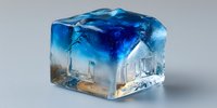 Frozen winter landscape encased in transparent blue ice cube with snow-covered trees and buildings creating surreal miniature world effect.