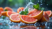 Fresh grapefruit slices with water splash and mint leaves on dark background, dynamic food photography with droplets and citrus fruit.