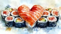 Heart-shaped salmon nigiri surrounded by maki rolls with fresh fish and avocado on watercolor background, artistic food illustration showing Japanese cuisine.