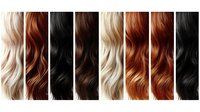 Collection of different hair colors and textures showing blonde, red, brown, and black wavy strands arranged in vertical panels.