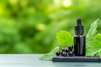 Black currant essential oil dropper bottle with fresh berries and green leaves on slate board against blurred natural background. Natural skincare concept.