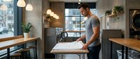 Young professional man reviewing architectural plans on wooden table in modern office workspace with pendant lighting and urban view.