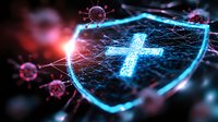 Digital shield with glowing cross symbol protecting against virus particles in dark background with neon blue light effects and network connections.
