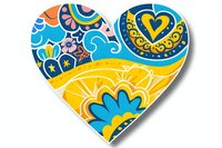 Decorative heart shape with vibrant floral folk art pattern in yellow, blue and orange colors on white background, isolated design element for creative projects.