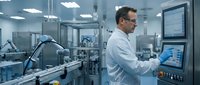 Male scientist in white lab coat operating advanced control panel in modern pharmaceutical manufacturing facility with automated equipment.