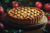 Freshly baked apple pie with lattice crust on wooden board, surrounded by red apples and green leaves, moody dark food photography setting.