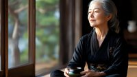 Serene senior Asian woman in traditional black kimono holding tea cup while meditating near window in Japanese tea house, expressing peace and mindfulness.