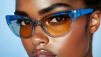 Young African American woman wearing trendy blue transparent cat-eye glasses against light blue background, close-up beauty portrait with soft lighting.
