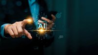 Businessman touching glowing artificial intelligence icon with digital network connections and data visualization effects on dark background.