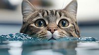 Curious tabby cat peeking over edge of water surface with wide green eyes and wet nose, creating playful and humorous moment against blue rippling water.