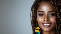 Young woman with dark skin tone and braided hairstyle wearing yellow and black striped earrings, smiling at camera against neutral gray background for portrait and lifestyle use.