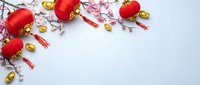 Red Chinese lanterns with gold coins and cherry blossoms on white background for Lunar New Year celebration and traditional Asian festival decorations.